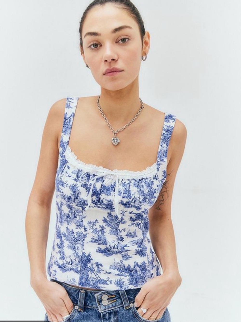 BDG UO Blue Linen Toile Lace Trim Tank Top Sz Large - Peasant Milkmaid Corset